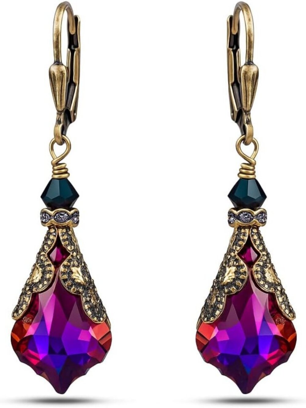 Vintage Victorian Dangle Earrings - Colored Crystal Drop Jewelry Gift for Her